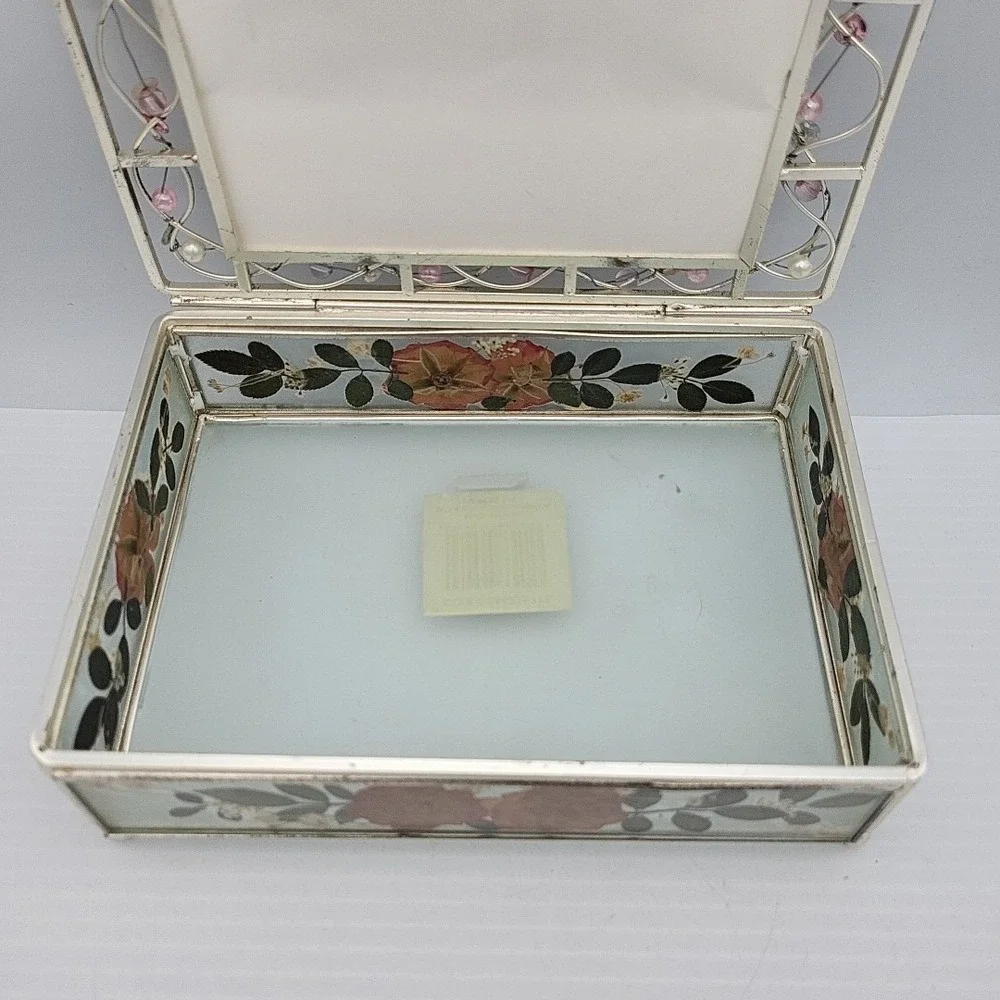 Vintage Glass Jewelry Trinket Photo Box w/ Colorful Beads On Wire